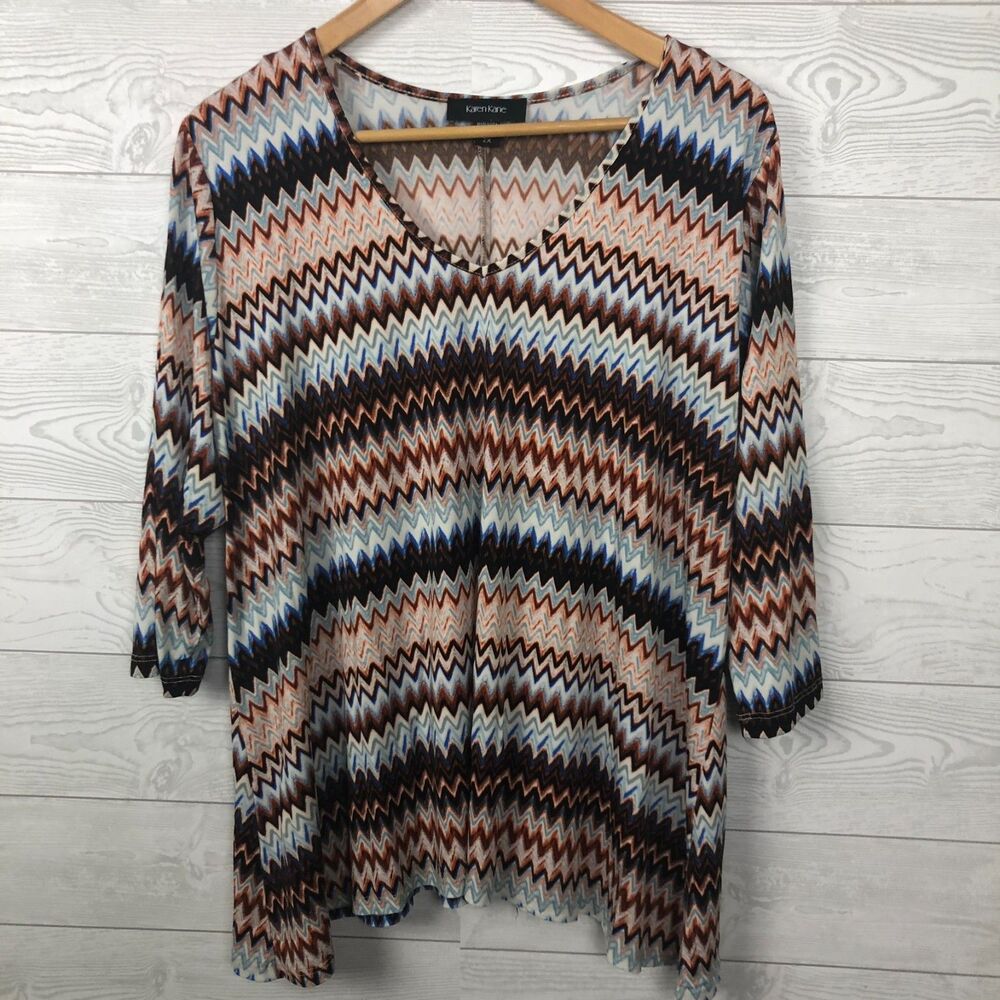 Karen Kane Women's 2X Chevron Striped 3/4 Sleeve V Neck Shirt Blouse Brown Blue